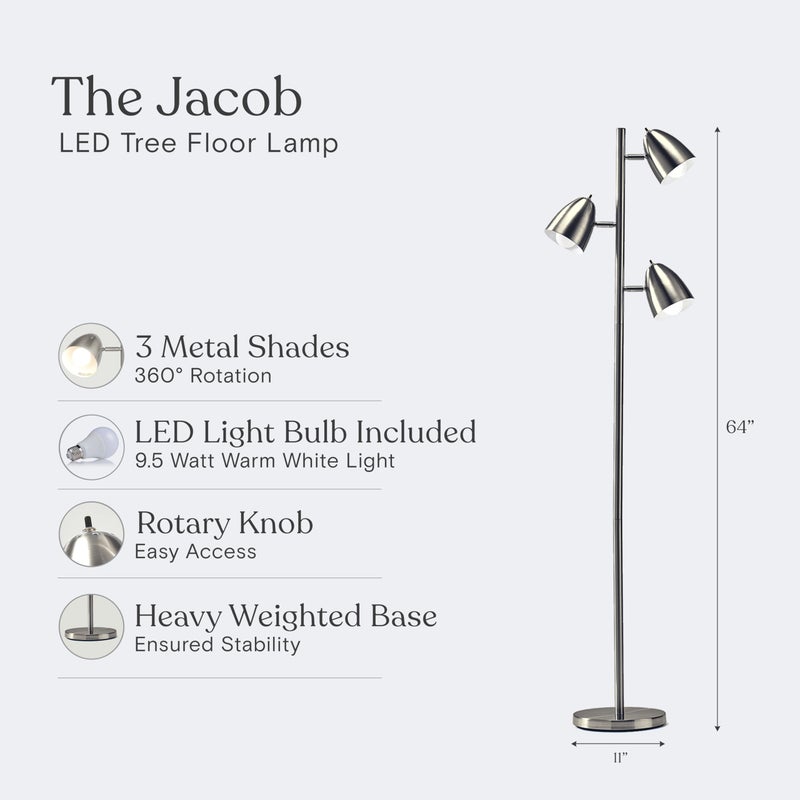 Brightech Jacob LED Standing Lamp, Modern Bright Floor Lamps for Living Rooms & Bedrooms, Tall LED Lighting Lamp with Adjustable 3 Light Tree â€“ Satin Nickel - Image 4
